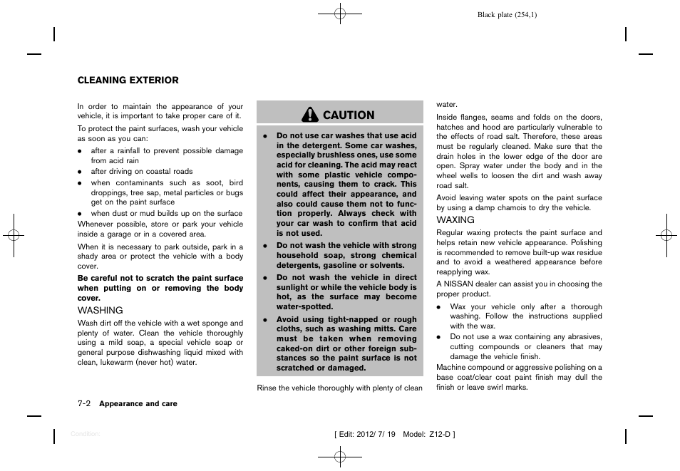 Cleaning exterior -2, Washing -2 waxing -2, Caution | NISSAN 2013 Cube - Owner's Manual User Manual | Page 256 / 331