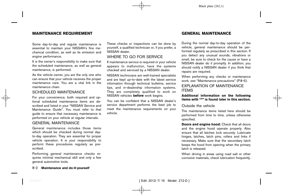 Maintenance requirement -2, General maintenance -2, Explanation of maintenance items -2 | NISSAN 2013 Cube - Owner's Manual User Manual | Page 264 / 331