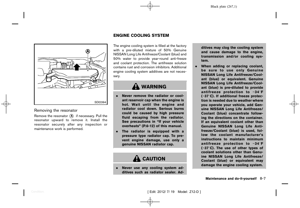 Engine cooling system -7, Warning, Caution | NISSAN 2013 Cube - Owner's Manual User Manual | Page 269 / 331