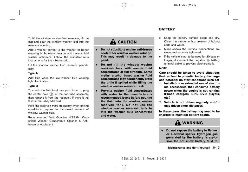 Battery -13, Caution, Warning | NISSAN 2013 Cube - Owner's Manual User Manual | Page 275 / 331