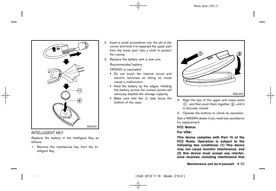 Intelligent key -25 | NISSAN 2013 Cube - Owner's Manual User Manual | Page 287 / 331