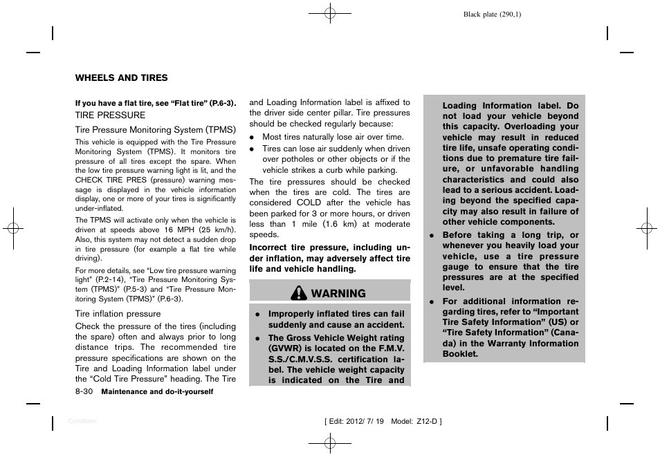 Wheels and tires -30, Tire pressure -30, Warning | NISSAN 2013 Cube - Owner's Manual User Manual | Page 292 / 331