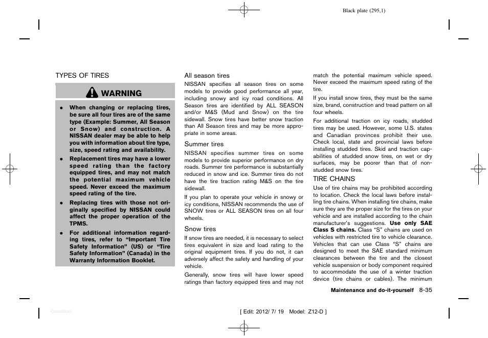 Types of tires -35 tire chains -35, Warning | NISSAN 2013 Cube - Owner's Manual User Manual | Page 297 / 331