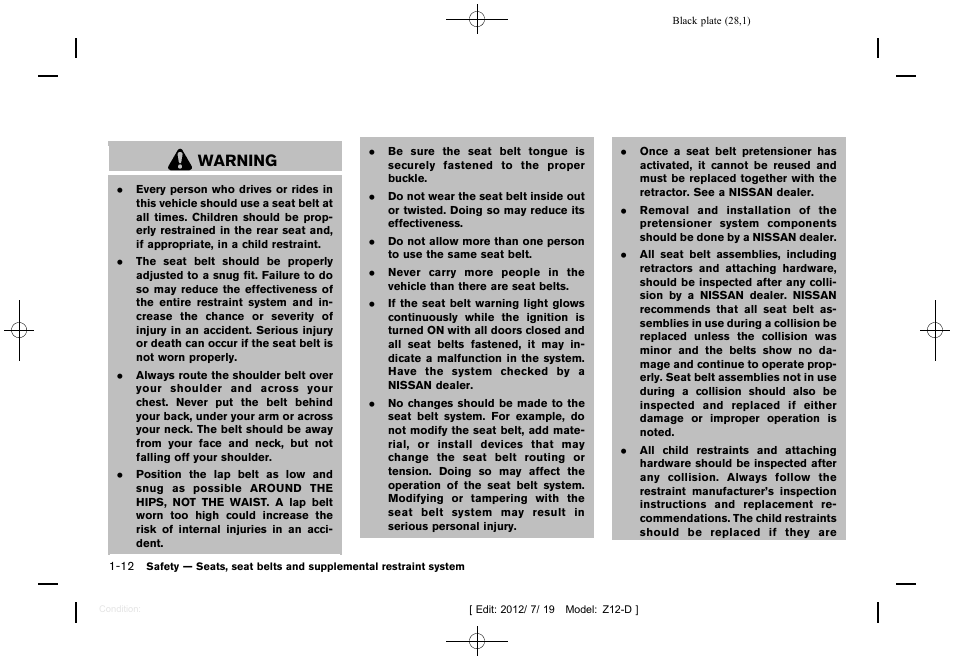 Warning | NISSAN 2013 Cube - Owner's Manual User Manual | Page 30 / 331