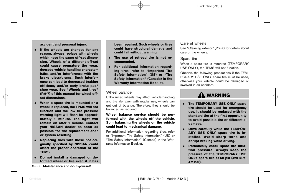 Warning | NISSAN 2013 Cube - Owner's Manual User Manual | Page 300 / 331