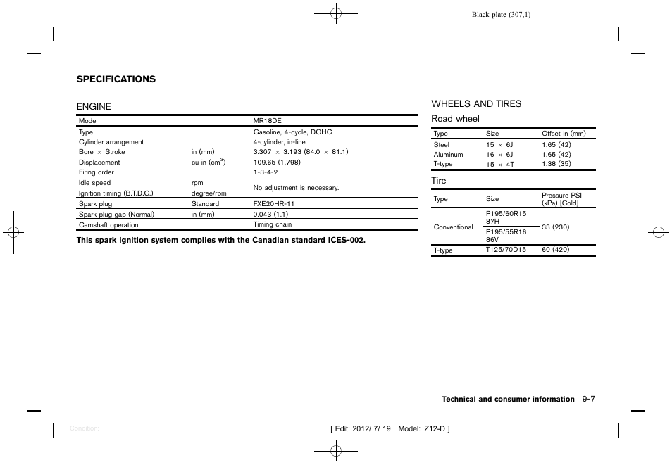 Specifications -7, Engine -7 wheels and tires -7 | NISSAN 2013 Cube - Owner's Manual User Manual | Page 309 / 331