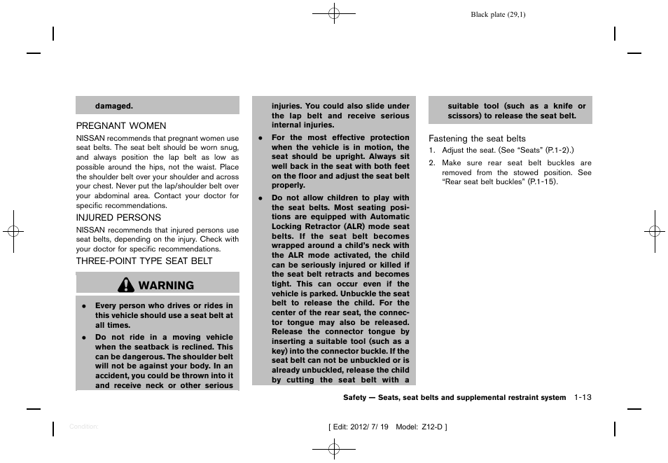 Warning | NISSAN 2013 Cube - Owner's Manual User Manual | Page 31 / 331