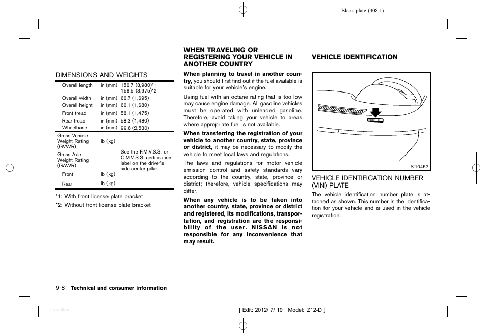 Dimensions and weights -8, Vehicle identification number (vin) plate -8 | NISSAN 2013 Cube - Owner's Manual User Manual | Page 310 / 331
