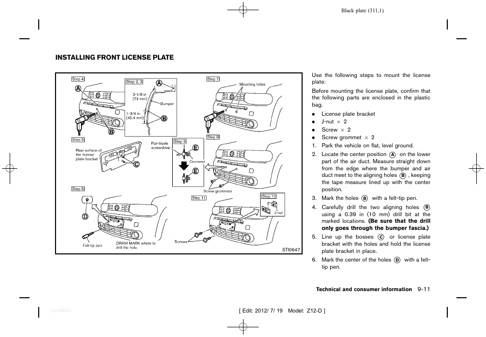 Installing front license plate -11 | NISSAN 2013 Cube - Owner's Manual User Manual | Page 313 / 331