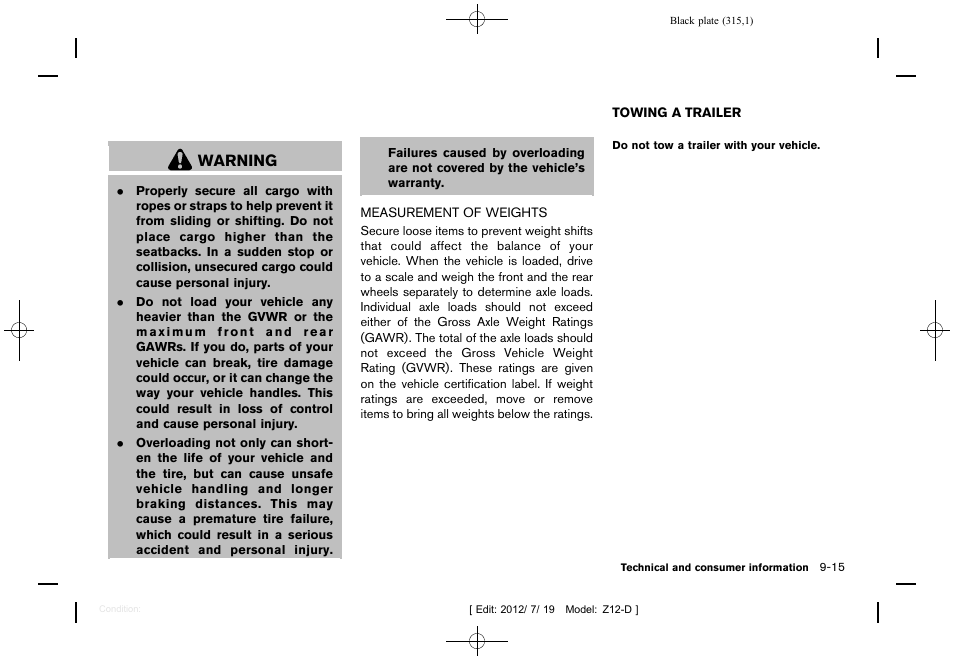 Measurement of weights -15, Towing a trailer -15, Warning | NISSAN 2013 Cube - Owner's Manual User Manual | Page 317 / 331