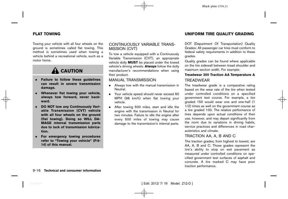 Flat towing -16, Uniform tire quality grading -16, Treadwear -16 traction aa, a, b and c -16 | Caution | NISSAN 2013 Cube - Owner's Manual User Manual | Page 318 / 331