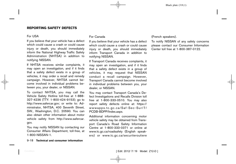 Reporting safety defects -18 | NISSAN 2013 Cube - Owner's Manual User Manual | Page 320 / 331