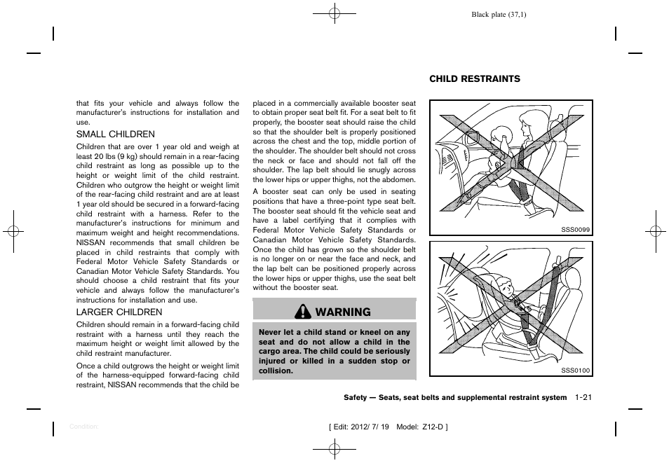 Small children -21 larger children -21, Child restraints -21, Warning | NISSAN 2013 Cube - Owner's Manual User Manual | Page 39 / 331