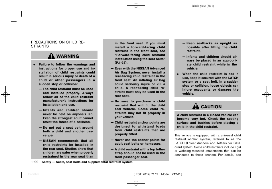 Precautions on child restraints -22, Warning, Caution | NISSAN 2013 Cube - Owner's Manual User Manual | Page 40 / 331