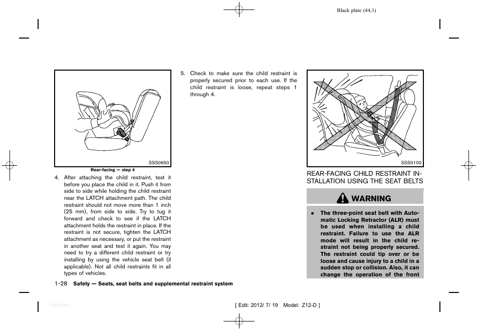 Warning | NISSAN 2013 Cube - Owner's Manual User Manual | Page 46 / 331