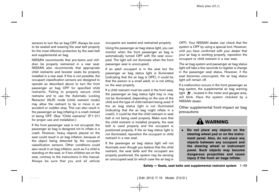 Warning | NISSAN 2013 Cube - Owner's Manual User Manual | Page 67 / 331