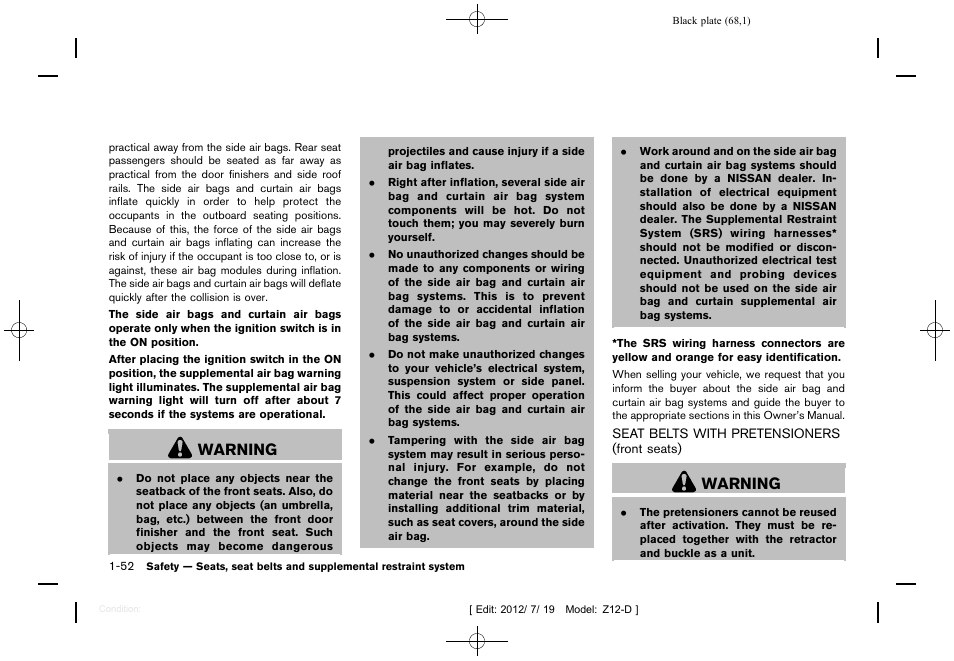 Seat belts with pretensioners (front seats) -52, Warning | NISSAN 2013 Cube - Owner's Manual User Manual | Page 70 / 331