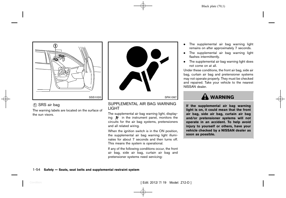 Supplemental air bag warning light -54, Warning | NISSAN 2013 Cube - Owner's Manual User Manual | Page 72 / 331