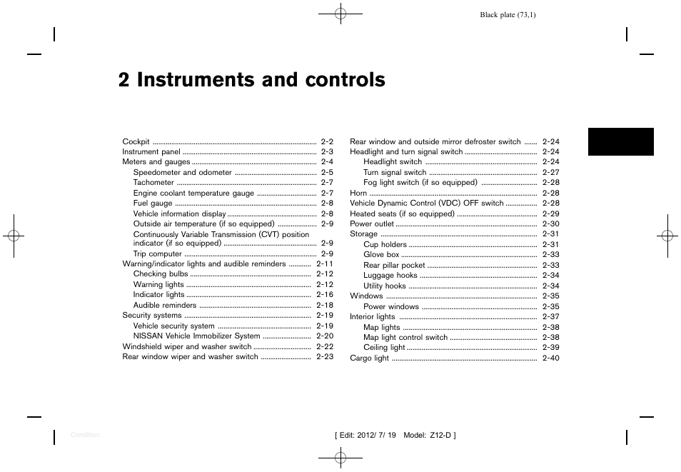 Instruments and controls, 2 instruments and controls | NISSAN 2013 Cube - Owner's Manual User Manual | Page 75 / 331