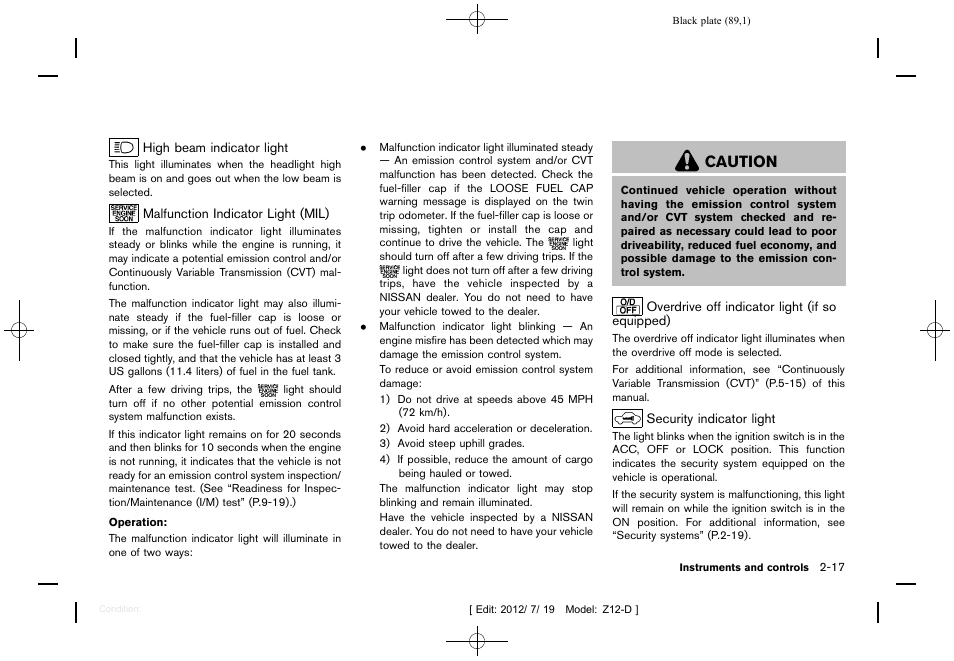 Caution | NISSAN 2013 Cube - Owner's Manual User Manual | Page 91 / 331