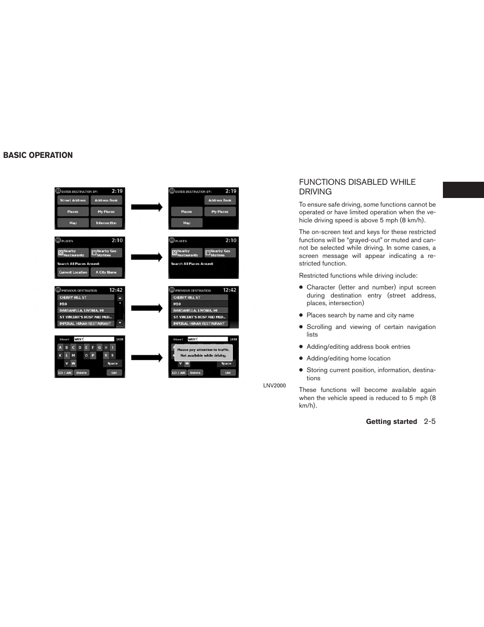 Basic operation -5, Functions disabled while driving -5 | NISSAN 2013 Versa Sedan - Navigation System Owner's Manual User Manual | Page 13 / 82