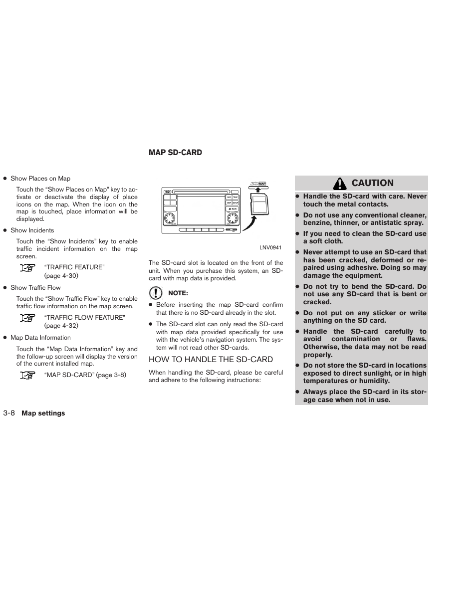 Map sd-card -8, How to handle the sd-card -8, Caution | NISSAN 2013 Versa Sedan - Navigation System Owner's Manual User Manual | Page 24 / 82