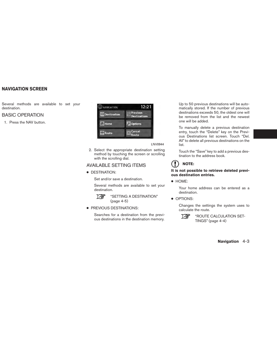 Navigation screen -3, Basic operation -3 available setting items -3 | NISSAN 2013 Versa Sedan - Navigation System Owner's Manual User Manual | Page 31 / 82