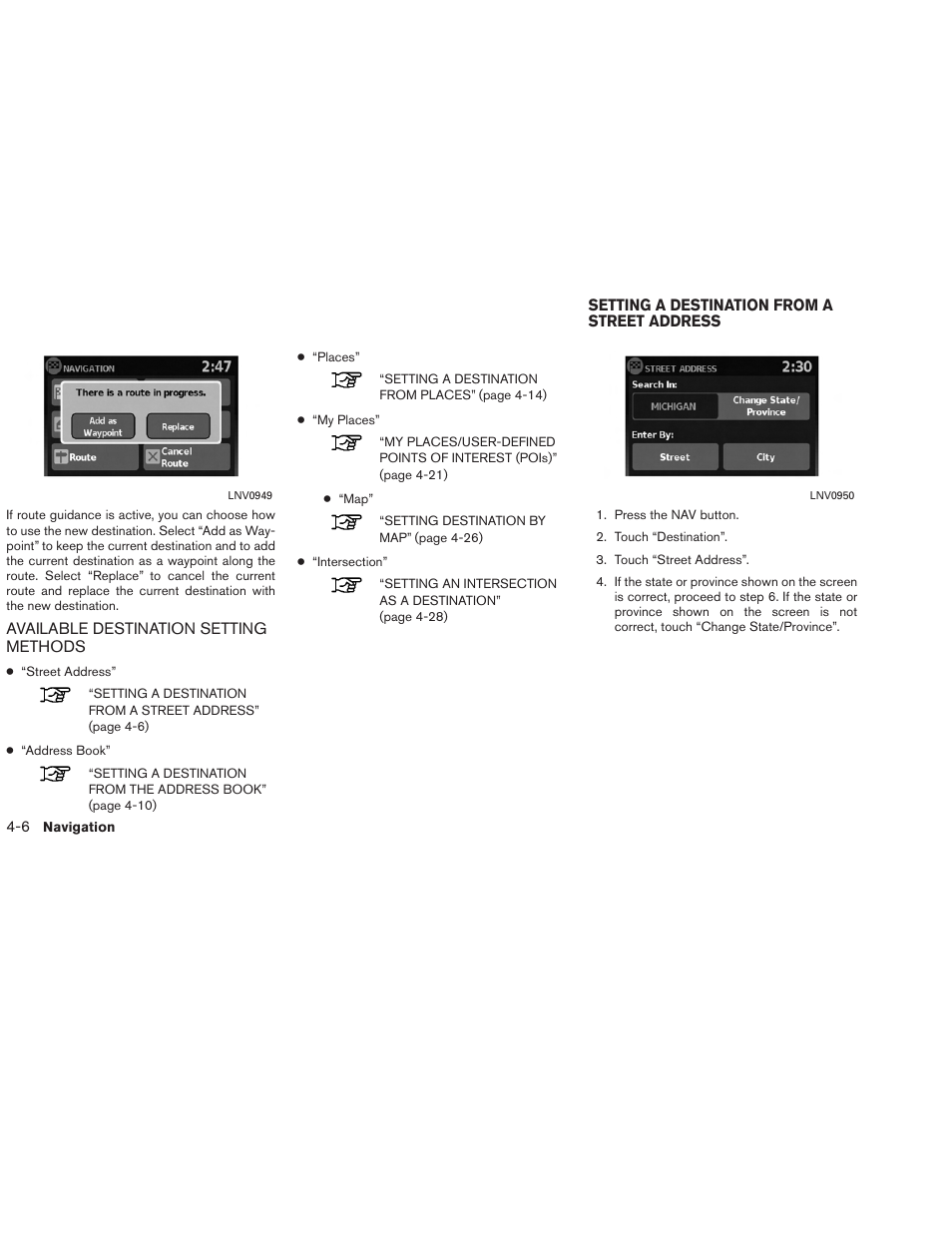 Available destination setting methods -6, Setting a destination from a street address -6 | NISSAN 2013 Versa Sedan - Navigation System Owner's Manual User Manual | Page 34 / 82