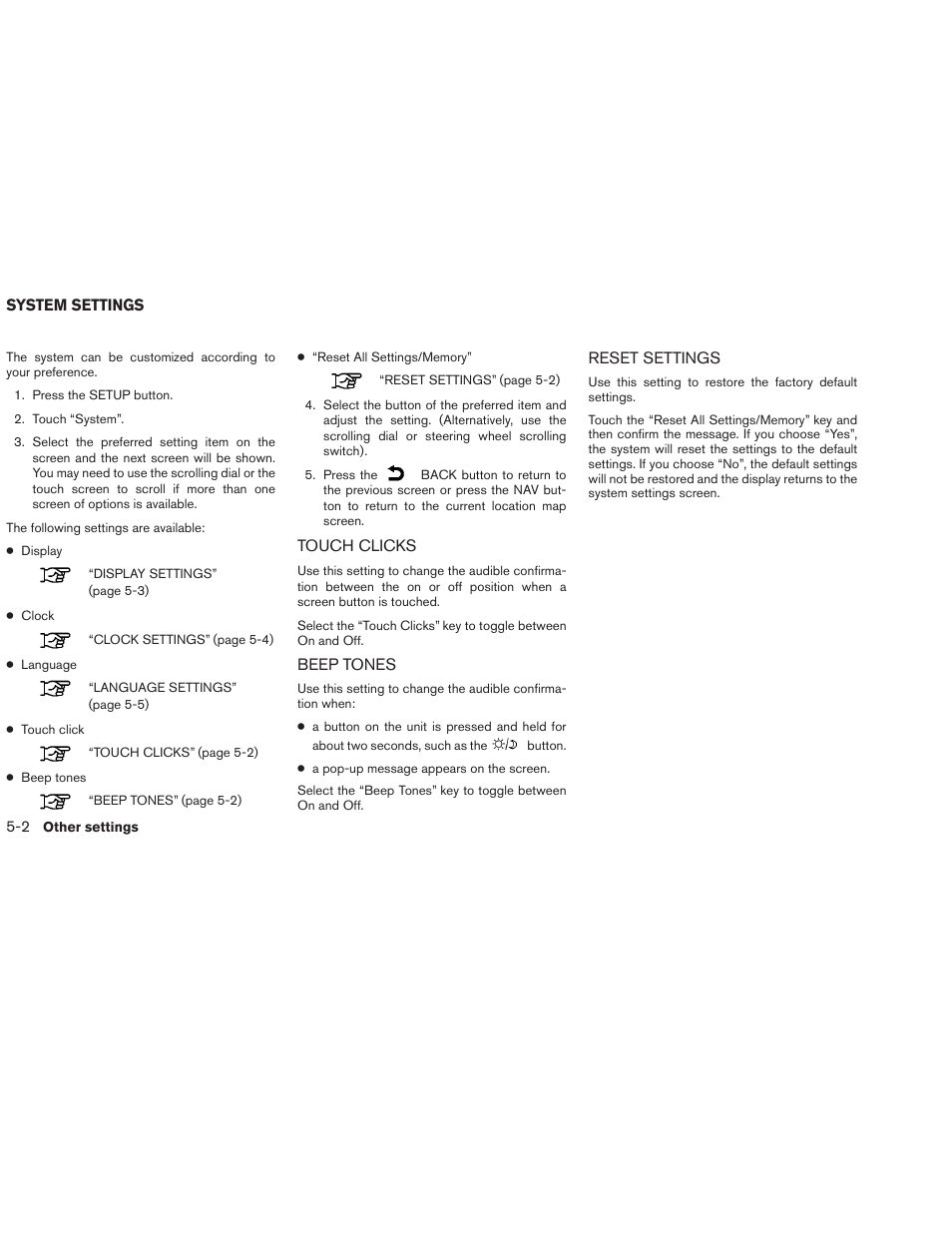System settings -2, Touch clicks -2 beep tones -2 reset settings -2 | NISSAN 2013 Versa Sedan - Navigation System Owner's Manual User Manual | Page 62 / 82