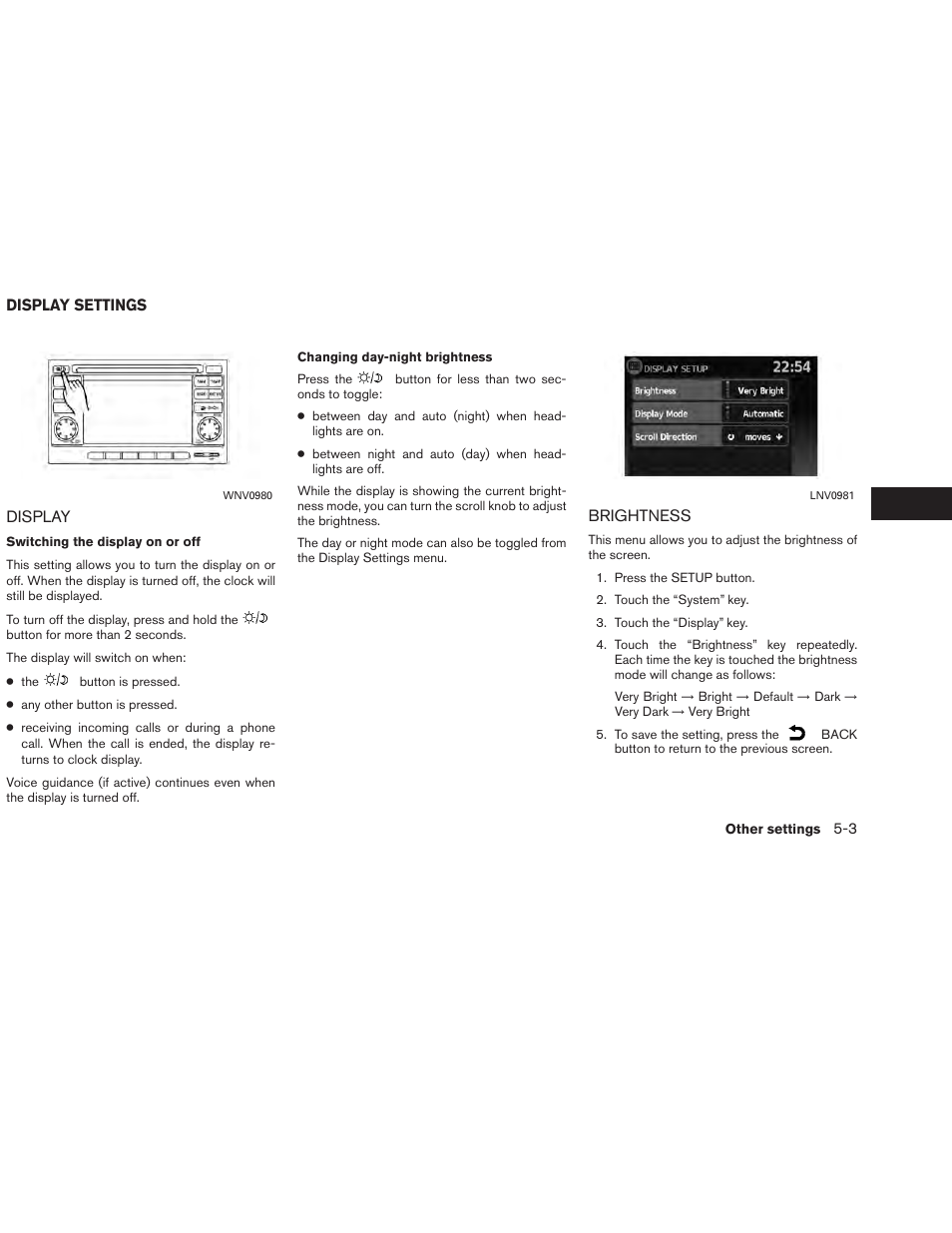 Display settings -3, Display -3 brightness -3 | NISSAN 2013 Versa Sedan - Navigation System Owner's Manual User Manual | Page 63 / 82