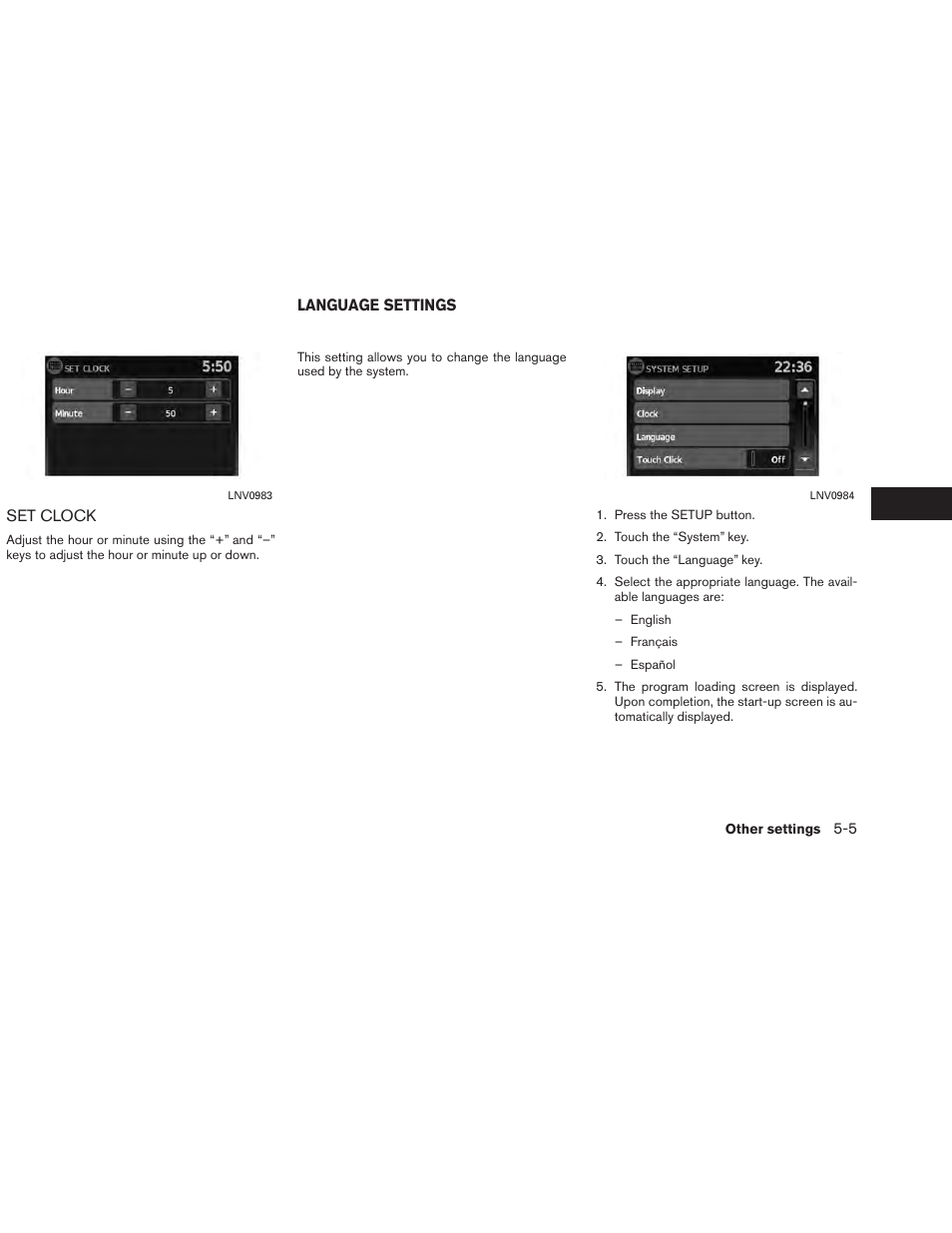 Set clock -5, Language settings -5 | NISSAN 2013 Versa Sedan - Navigation System Owner's Manual User Manual | Page 65 / 82