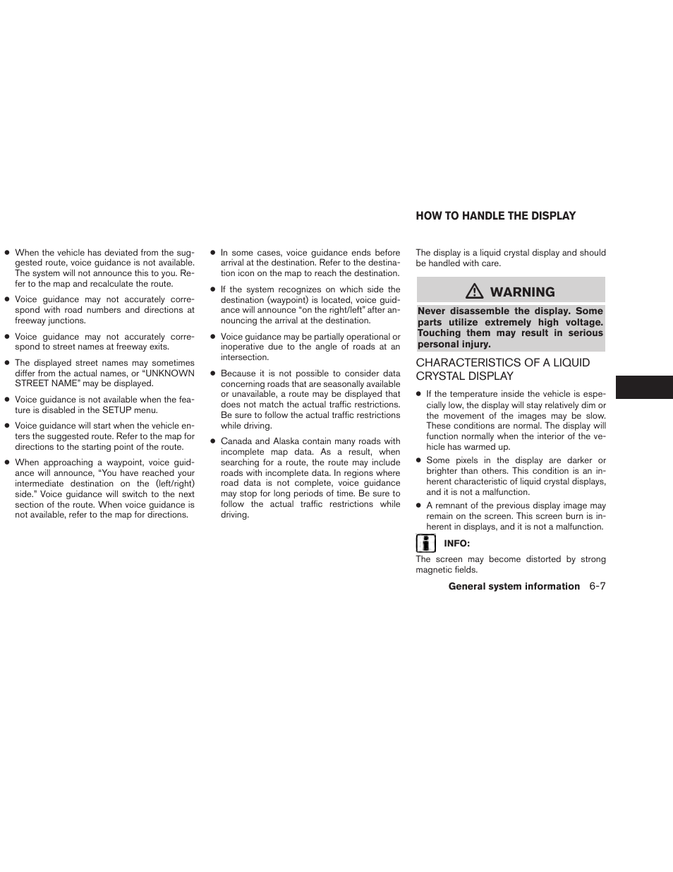 How to handle the display -7, Characteristics of a liquid crystal display -7, Warning | NISSAN 2013 Versa Sedan - Navigation System Owner's Manual User Manual | Page 73 / 82