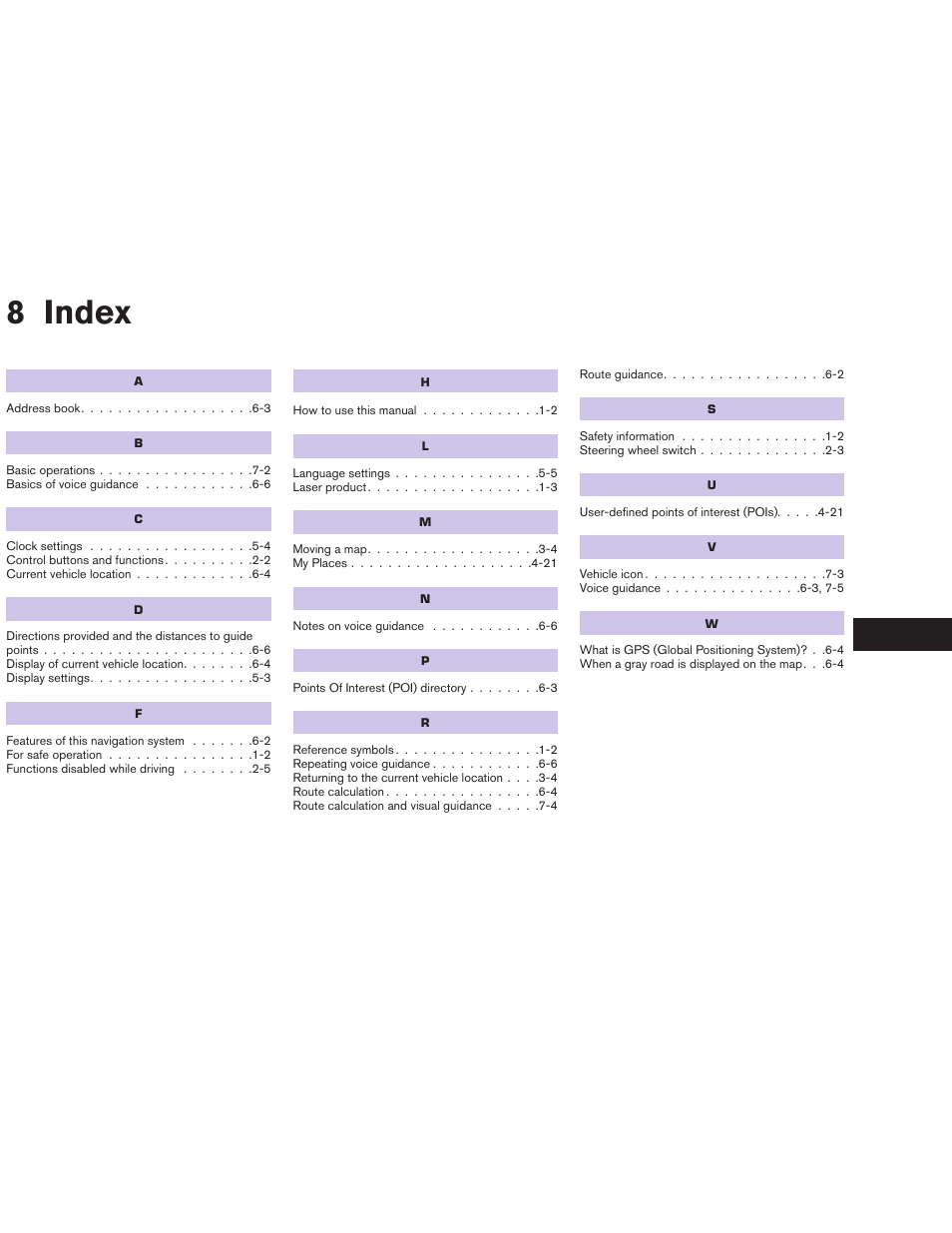 Index, 8 index | NISSAN 2013 Versa Sedan - Navigation System Owner's Manual User Manual | Page 81 / 82