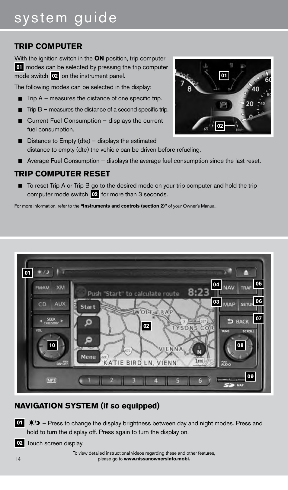 System guide, Trip computer, Trip computer reset | Navigation system (if so equipped) | NISSAN 2013 Cube - Quick Reference Guide User Manual | Page 16 / 20