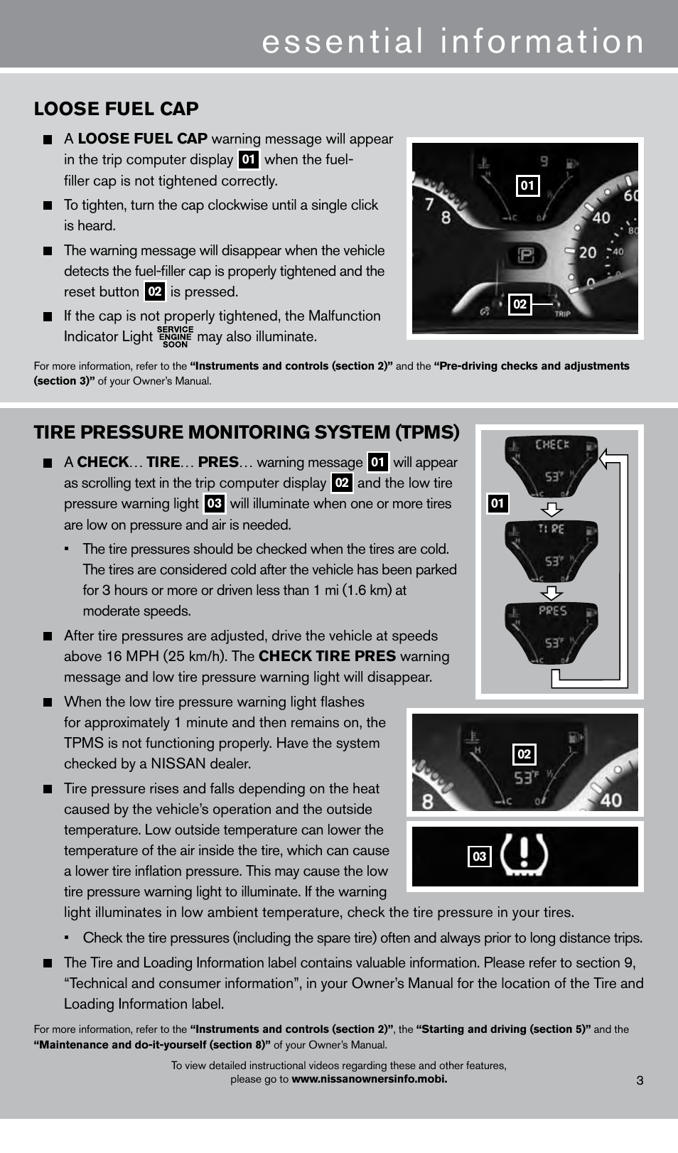 Essential information, Loose fuel cap, Tire pressure monitoring system (tpms) | NISSAN 2013 Cube - Quick Reference Guide User Manual | Page 5 / 20