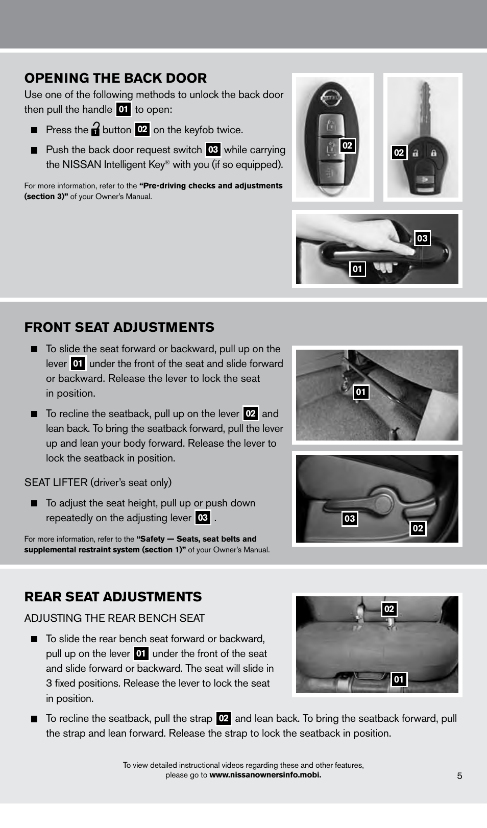 Front seat adjustments, Opening the back door, Rear seat adjustments | NISSAN 2013 Cube - Quick Reference Guide User Manual | Page 7 / 20