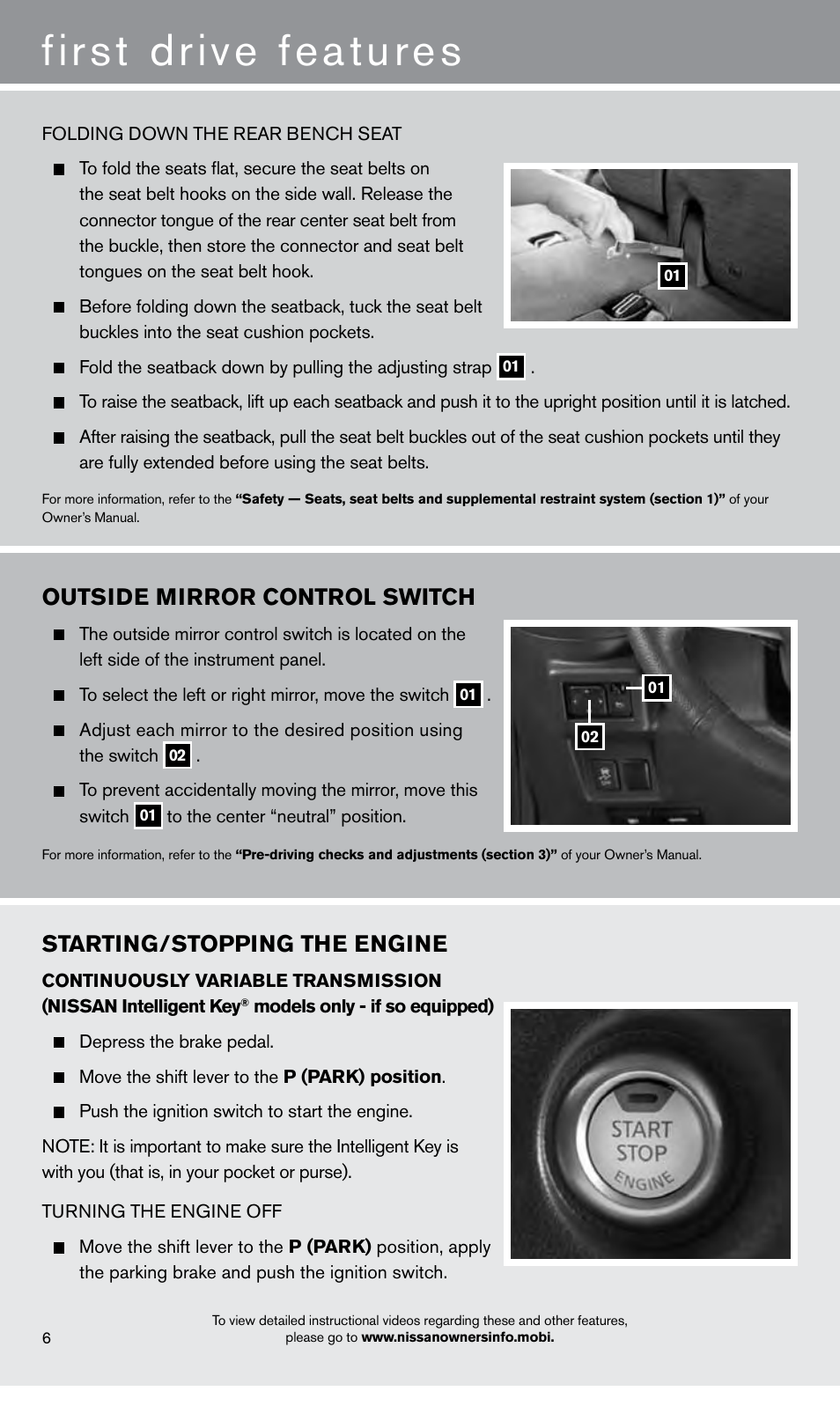 First drive features, Outside mirror control switch, Starting/stopping the engine | NISSAN 2013 Cube - Quick Reference Guide User Manual | Page 8 / 20