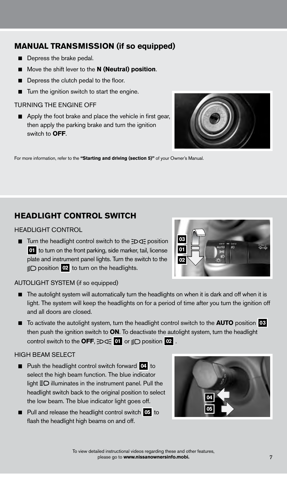 Headlight control switch, Manual transmission (if so equipped) | NISSAN 2013 Cube - Quick Reference Guide User Manual | Page 9 / 20