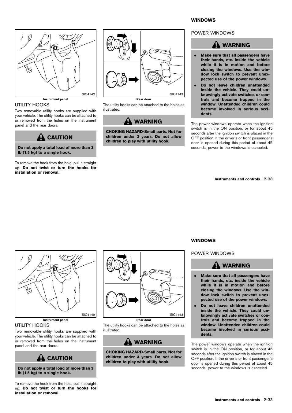 Utility hooks -33, Windows -33, Power windows -33 | Caution, Warning | NISSAN 2014 Cube - Owner's Manual User Manual | Page 108 / 332