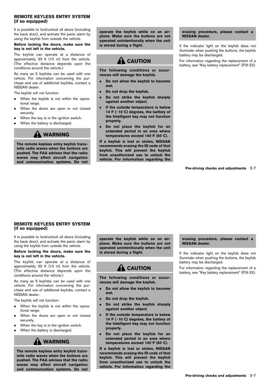 Remote keyless entry system (if so equipped) -7, Warning, Caution | NISSAN 2014 Cube - Owner's Manual User Manual | Page 120 / 332