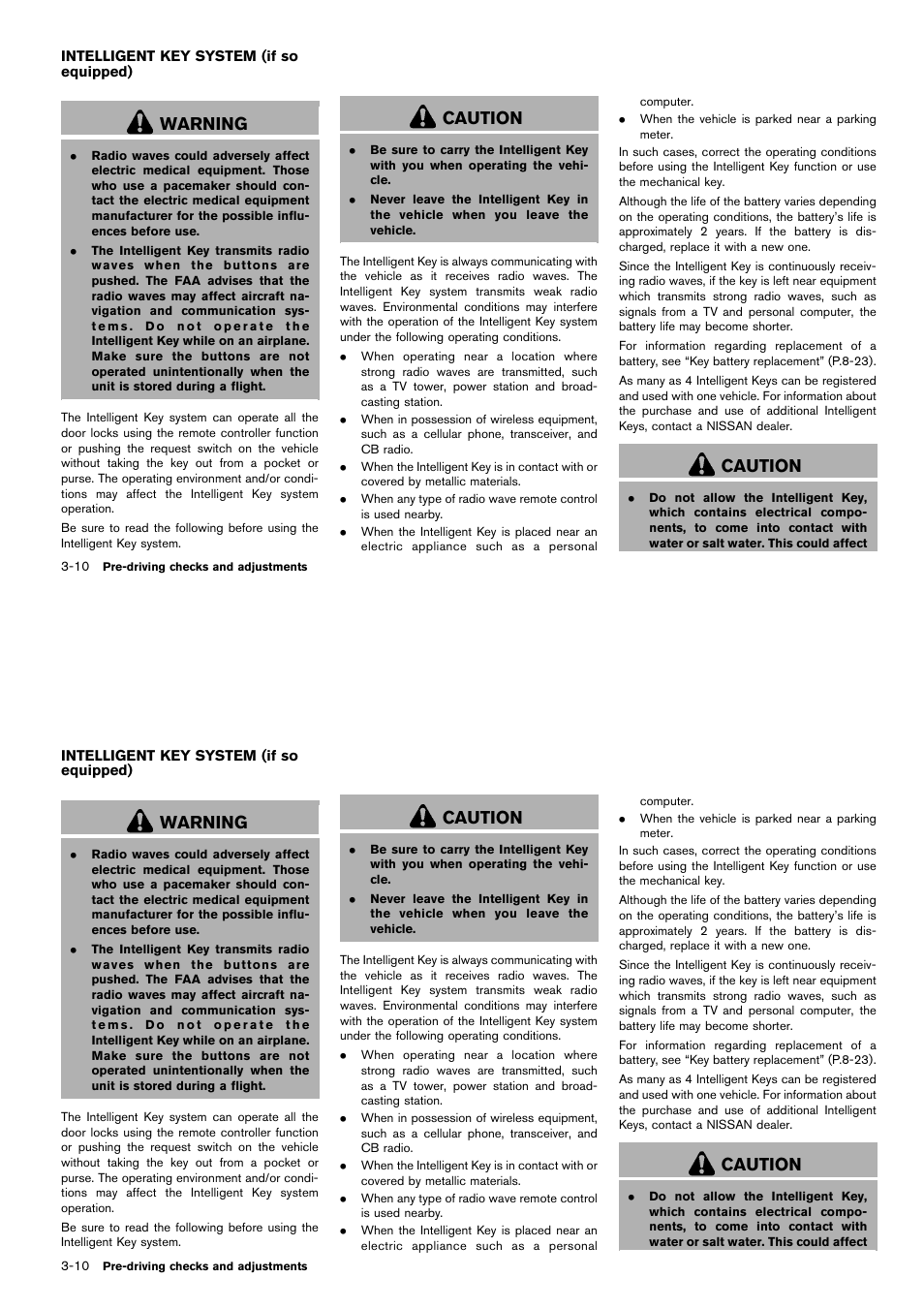 Intelligent key system (if so equipped) -10, Warning, Caution | NISSAN 2014 Cube - Owner's Manual User Manual | Page 123 / 332