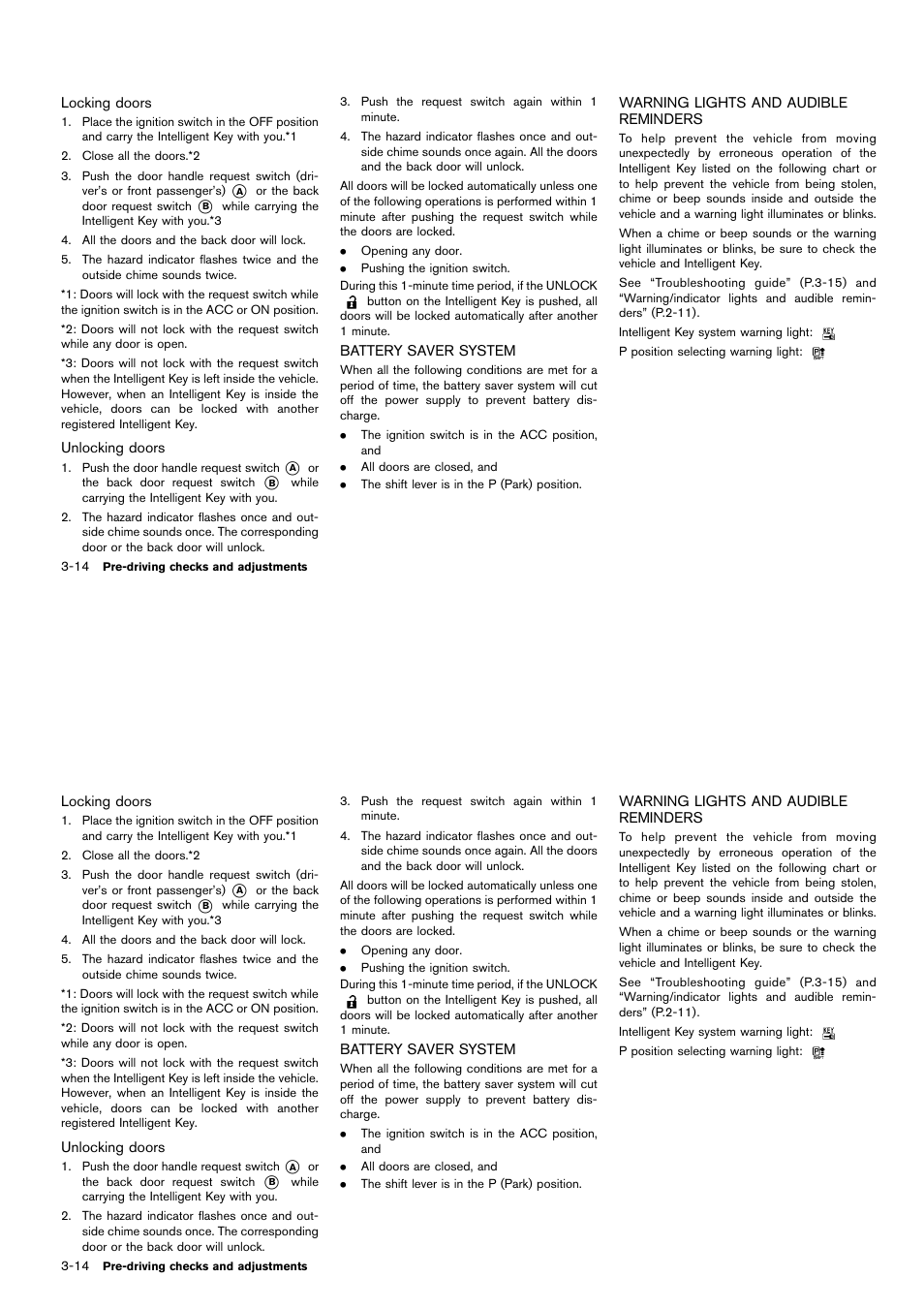 Battery saver system -14, Warning lights and audible reminders -14 | NISSAN 2014 Cube - Owner's Manual User Manual | Page 127 / 332