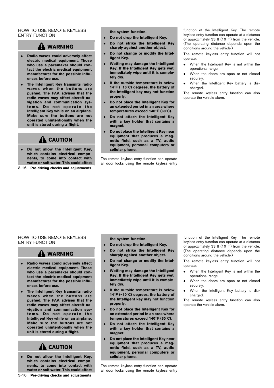 How to use remote keyless entry function -16, Warning, Caution | NISSAN 2014 Cube - Owner's Manual User Manual | Page 129 / 332