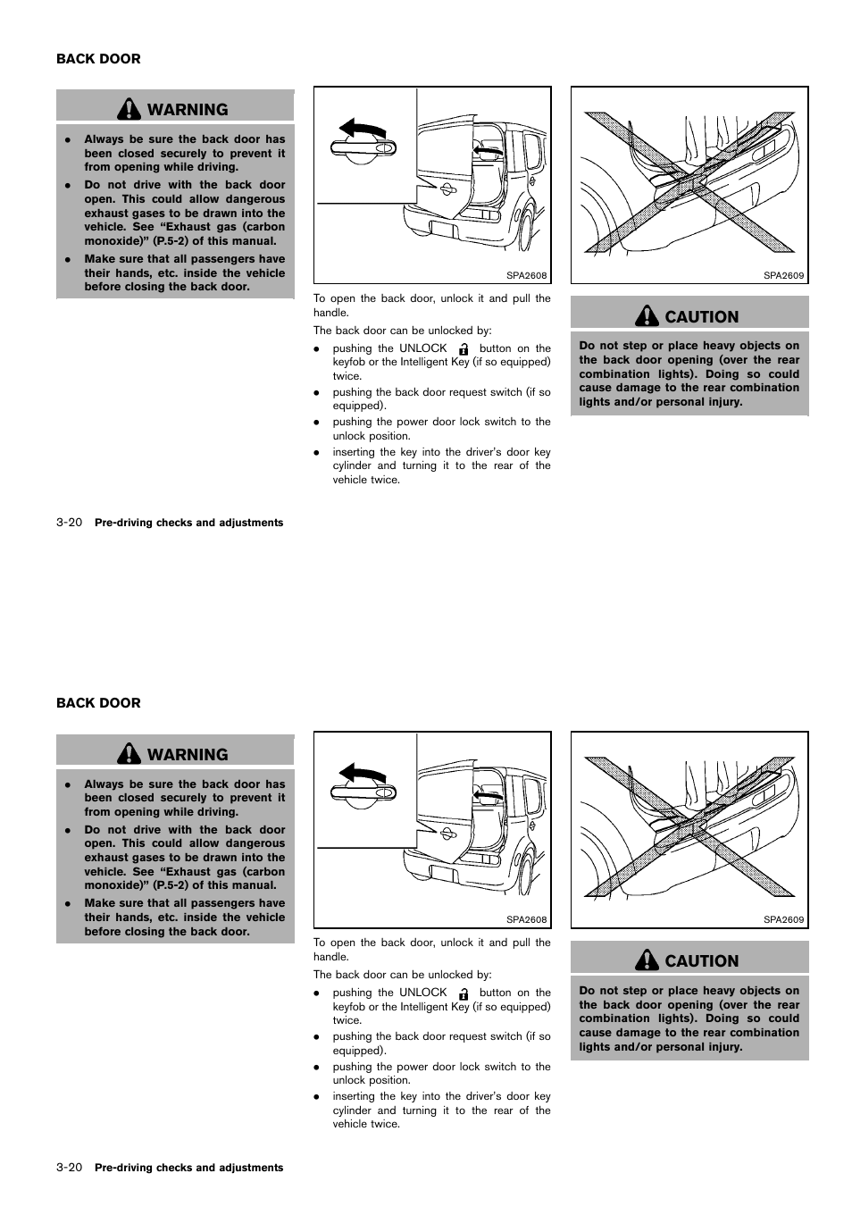Back door -20, Warning, Caution | NISSAN 2014 Cube - Owner's Manual User Manual | Page 133 / 332