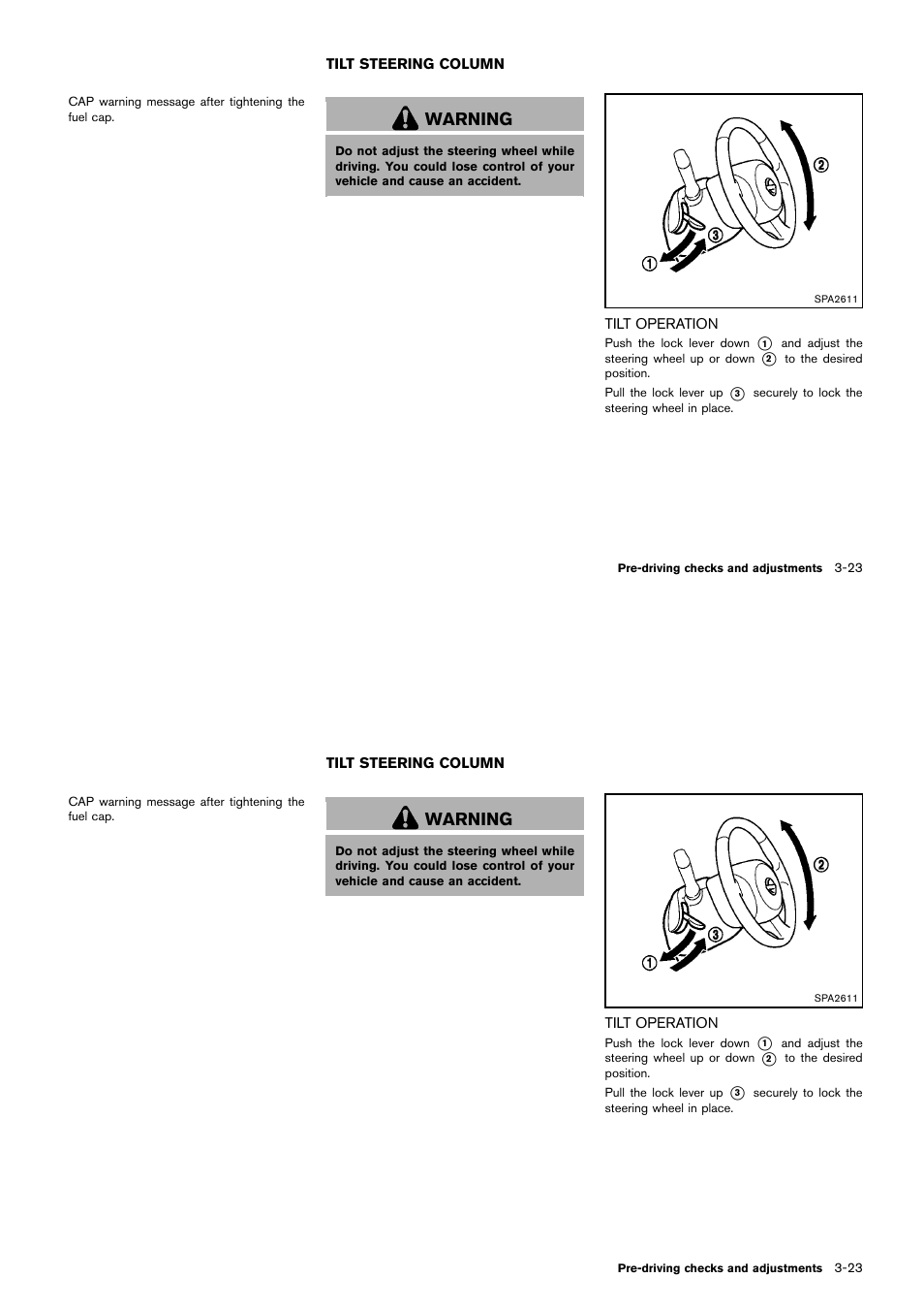 Tilt steering column -23, Tilt operation -23, Warning | NISSAN 2014 Cube - Owner's Manual User Manual | Page 136 / 332