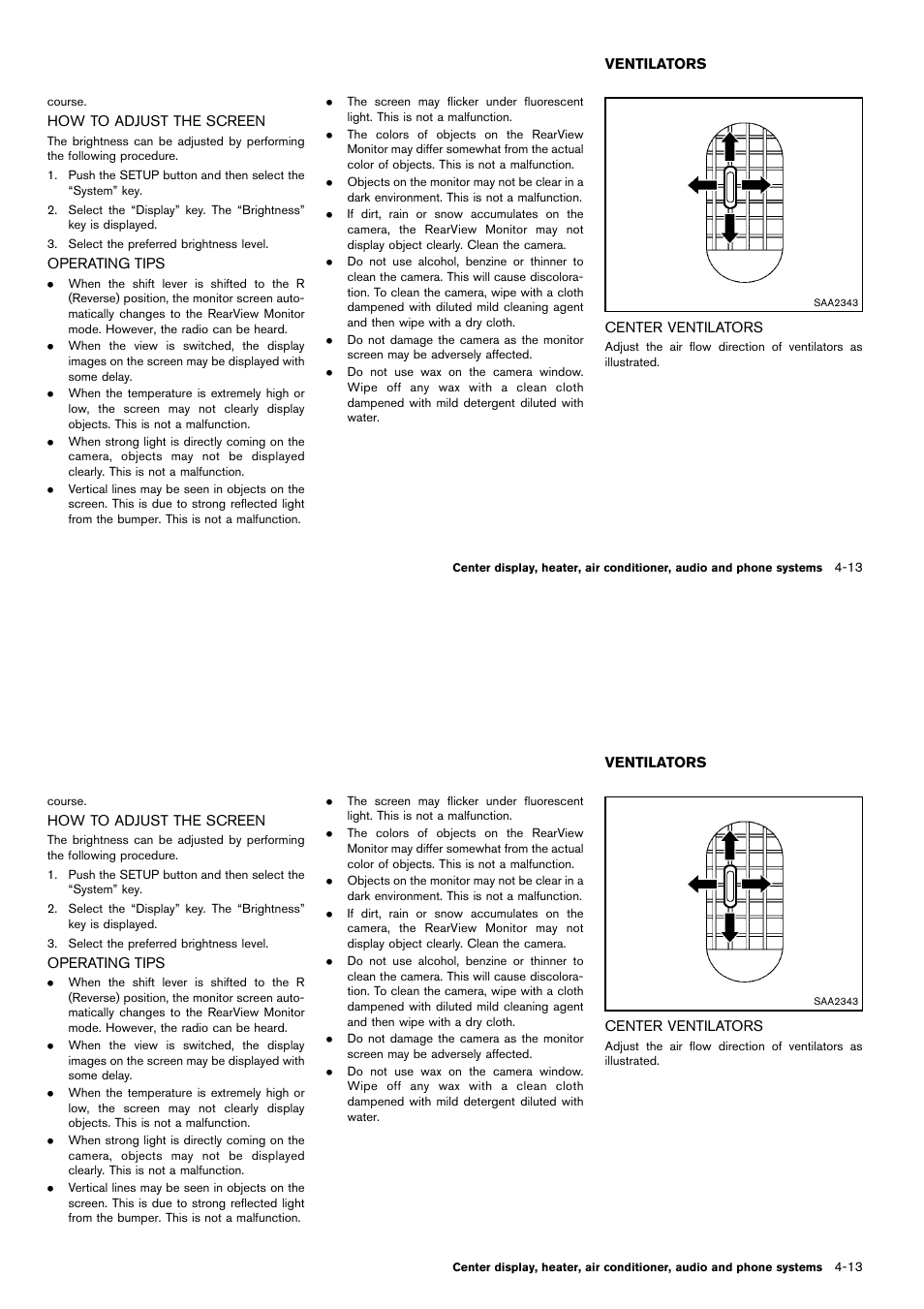 How to adjust the screen -13 operating tips -13, Ventilators -13, Center ventilators -13 | NISSAN 2014 Cube - Owner's Manual User Manual | Page 154 / 332