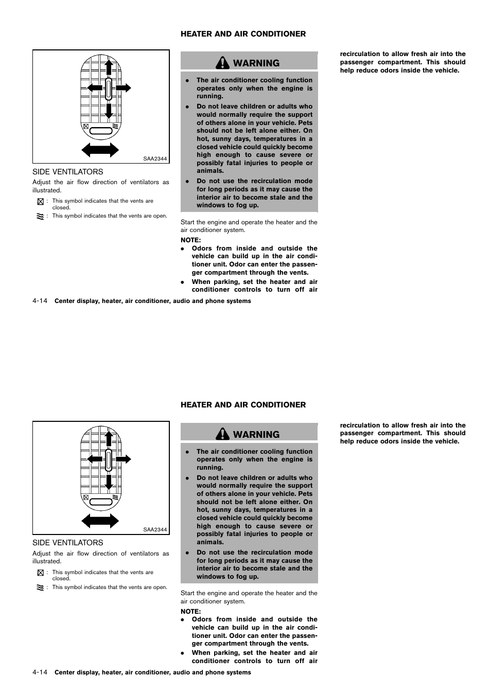 Side ventilators -14, Heater and air conditioner -14, Warning | NISSAN 2014 Cube - Owner's Manual User Manual | Page 155 / 332