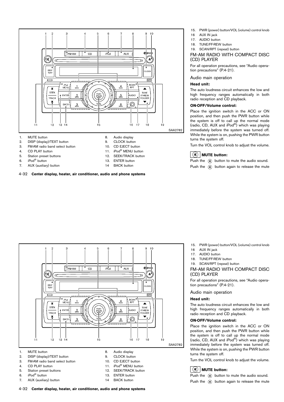 Fm-am radio with compact disc (cd) player -32, Fm-am radio with compact disc (cd) player, Audio main operation | NISSAN 2014 Cube - Owner's Manual User Manual | Page 173 / 332