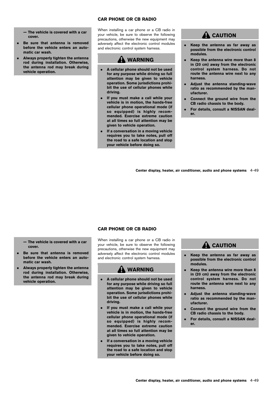 Car phone or cb radio -49, Warning, Caution | NISSAN 2014 Cube - Owner's Manual User Manual | Page 190 / 332