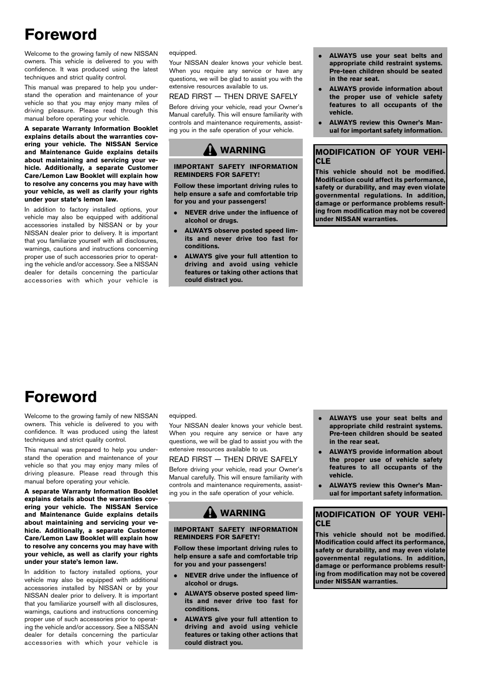 Foreword, Warning | NISSAN 2014 Cube - Owner's Manual User Manual | Page 2 / 332